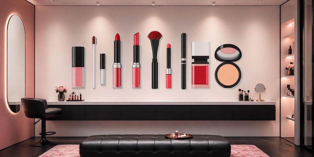 Makeup Products Wall Mural, Lipstick Cosmetic Wallpaper, Beauty Salon Wall Decor, Glam Makeup Room Decal, 582mv