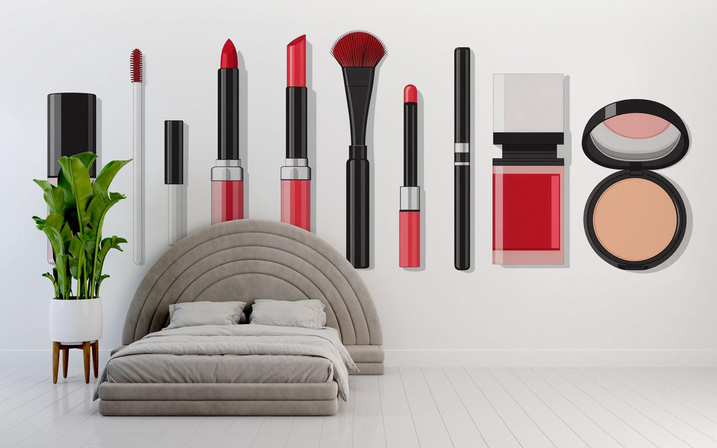 Makeup Products Wall Mural, Lipstick Cosmetic Wallpaper, Beauty Salon Wall Decor, Glam Makeup Room Decal, 582mv