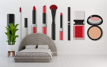 Load image into Gallery viewer, Makeup Products Wall Mural, Lipstick Cosmetic Wallpaper, Beauty Salon Wall Decor, Glam Makeup Room Decal, 582mv