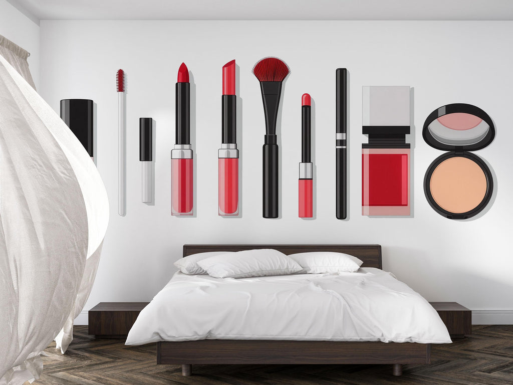 Makeup Products Wall Mural, Lipstick Cosmetic Wallpaper, Beauty Salon Wall Decor, Glam Makeup Room Decal, 582mv