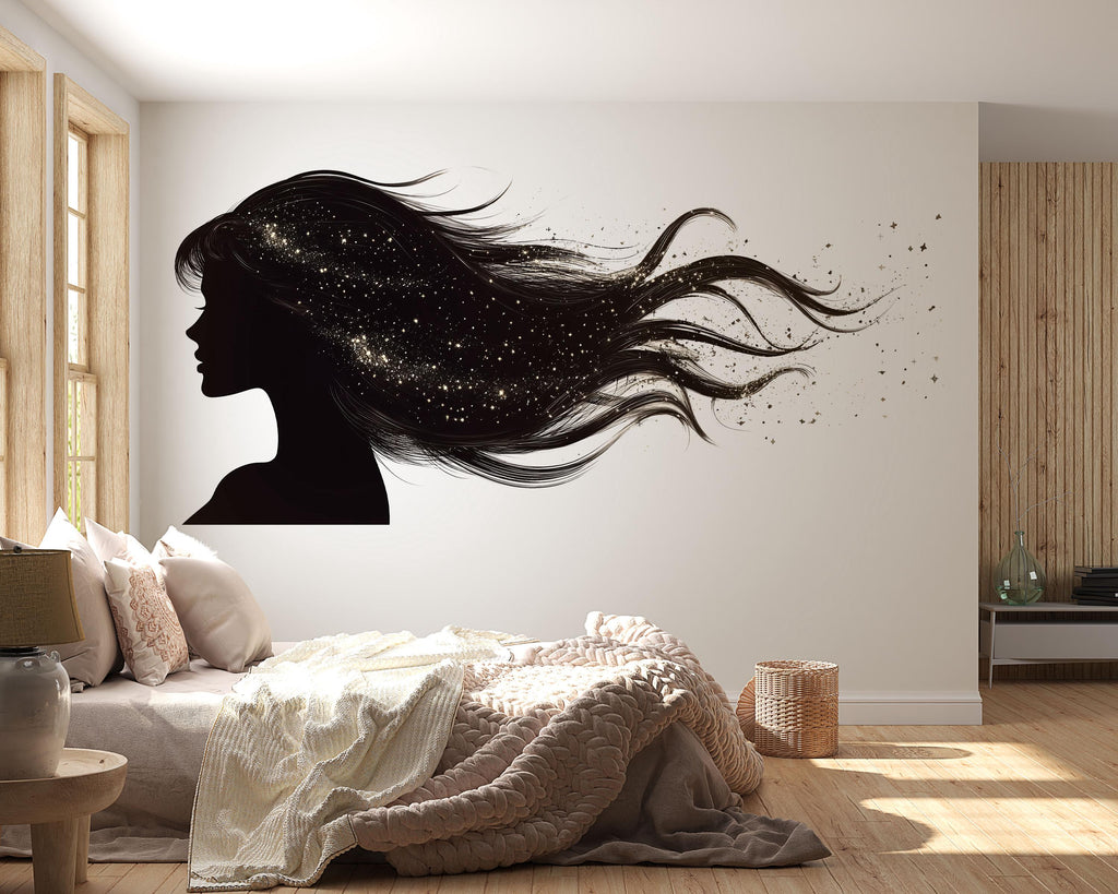 Woman Silhouette Wall Mural, Black Flowing Hair Wallpaper, Celestial Star Wall Decor, Beauty Salon Bedroom Decal, 583mv