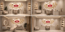 Load image into Gallery viewer, Red Lips Wall Mural, Gold Baroque Wallpaper, Makeup Brush Wall Decor, Beauty Salon Bedroom Decal, Glam Lipstick Art, 585mv
