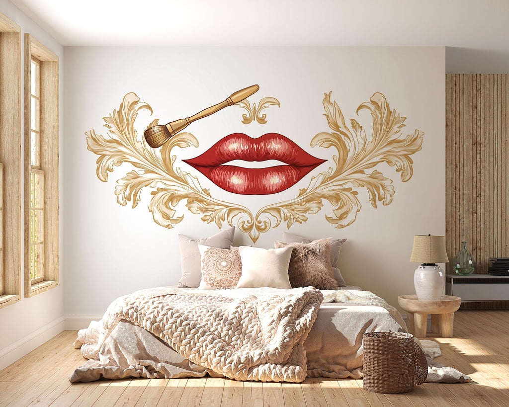 Red Lips Wall Mural, Gold Baroque Wallpaper, Makeup Brush Wall Decor, Beauty Salon Bedroom Decal, Glam Lipstick Art, 585mv