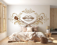 Load image into Gallery viewer, Gold Lips Wall Mural, Makeup Brush Wallpaper, Baroque Floral Wall Decor, Beauty Salon Bedroom Decal, Glam Vanity Art, 586mv