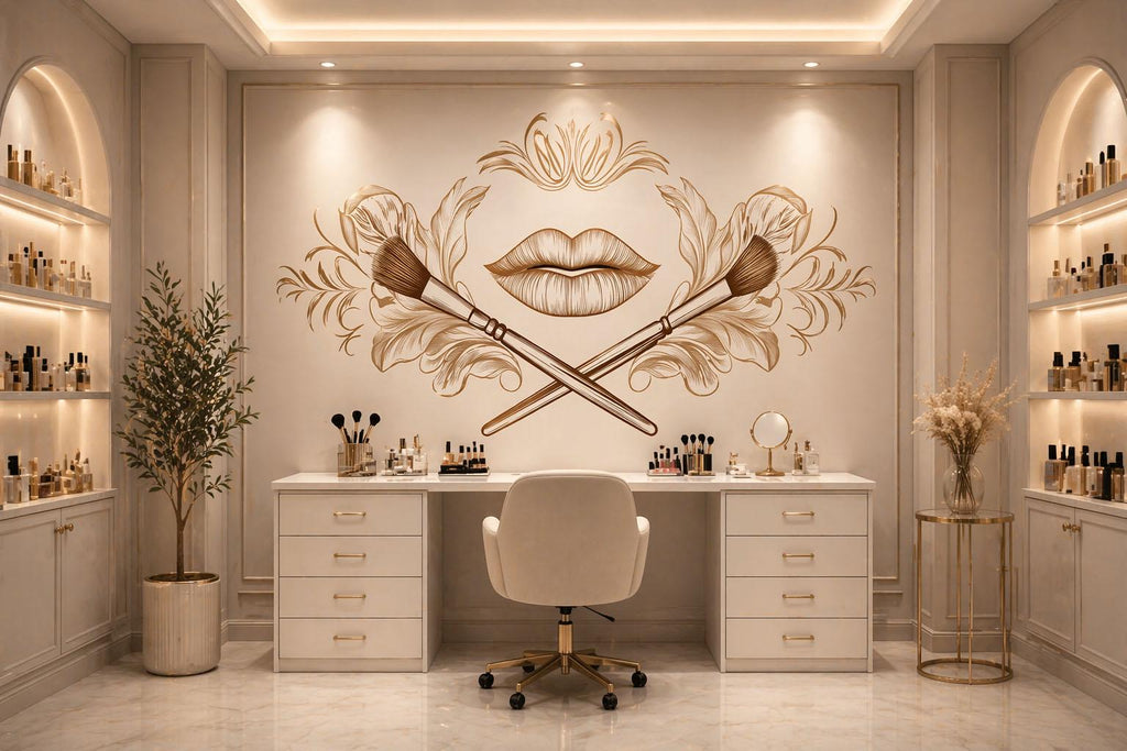 Gold Lips Wall Mural, Makeup Brush Wallpaper, Baroque Floral Wall Decor, Beauty Salon Bedroom Decal, Glam Vanity Art, 586mv