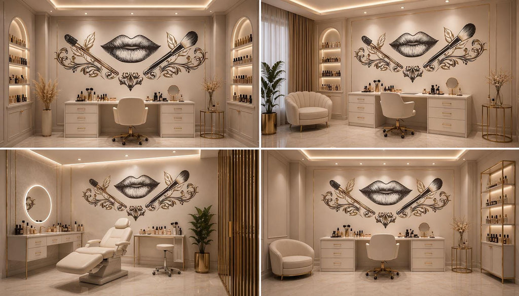 Black Lips Wall Mural, Gold Makeup Brush Wallpaper, Mascara Wand Wall Decor, Beauty Salon Bedroom Decal, Glam Vanity Art, 587mv