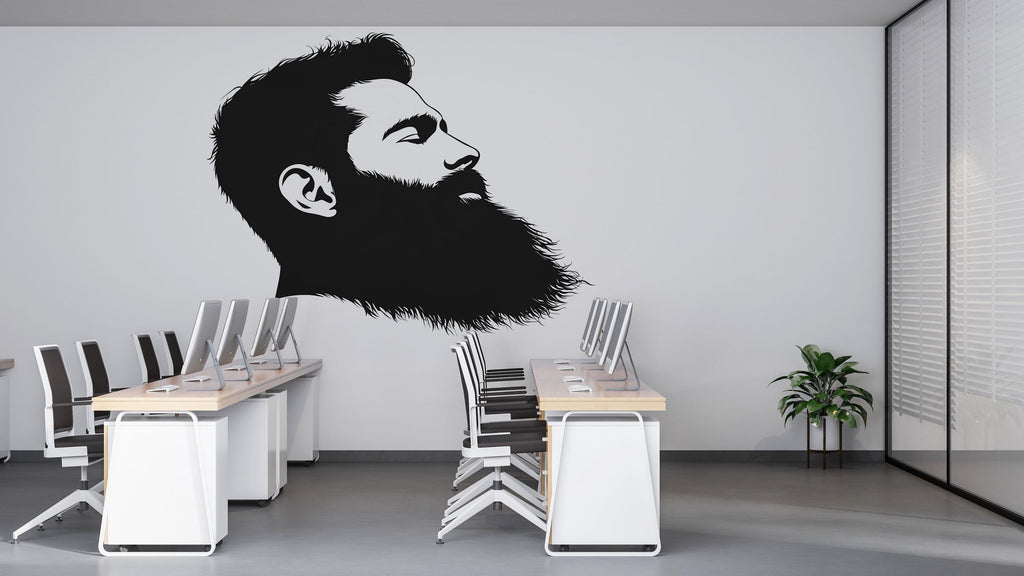 Bearded Man Wall Mural, Barber Shop Wallpaper, Black Male Silhouette Wall Decal, Men’s Grooming Studio Decor, 591mv