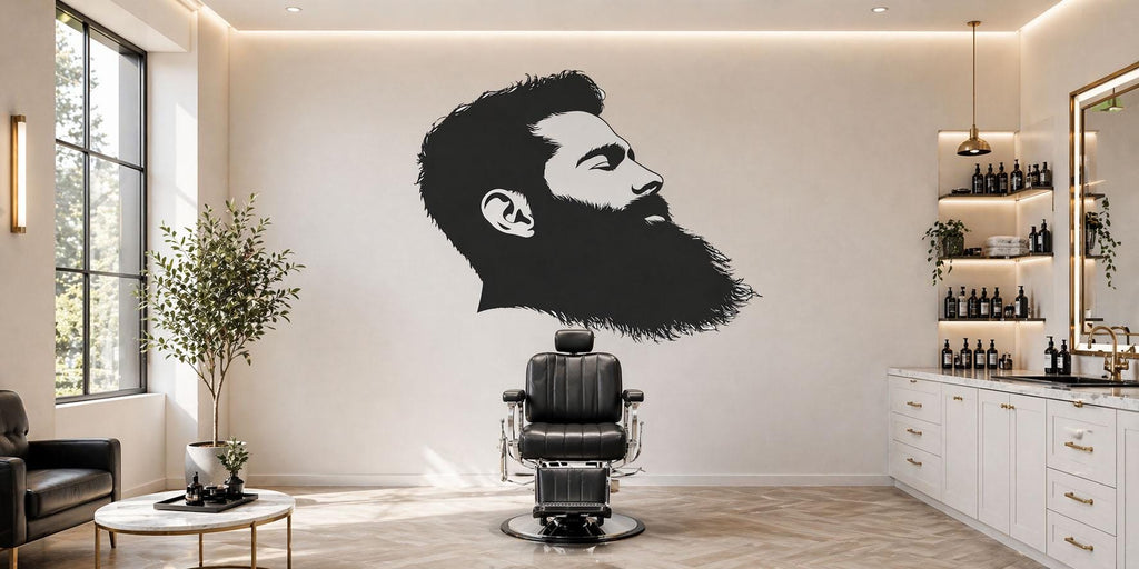 Bearded Man Wall Mural, Barber Shop Wallpaper, Black Male Silhouette Wall Decal, Men’s Grooming Studio Decor, 591mv