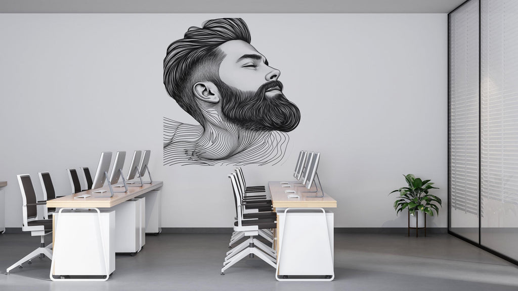 Bearded Man Wall Mural, Barber Shop Wallpaper, Male Portrait Wall Decal, Men’s Grooming Salon Office Decor, 596mv