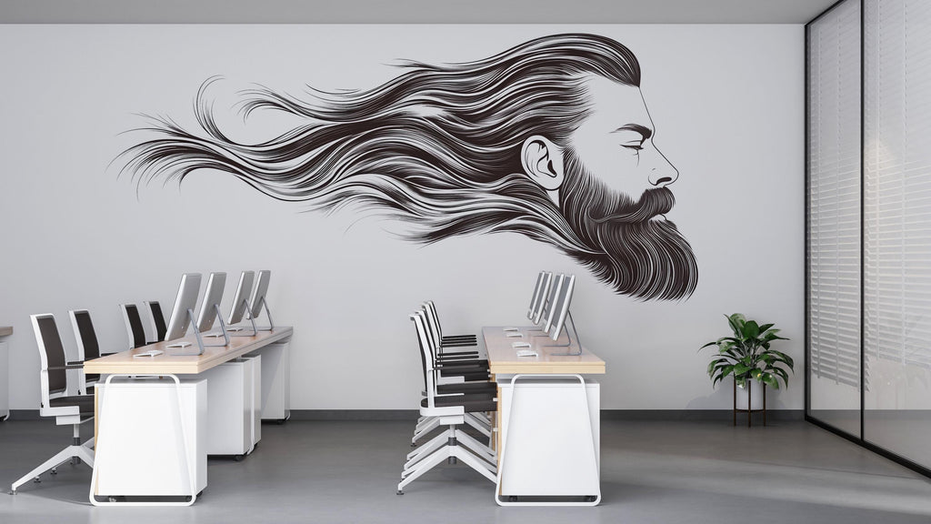 Bearded Man Wall Mural, Long Hair Barber Shop Wallpaper, Men’s Grooming Salon Decor, Hair Studio Wall Decal, 597mv