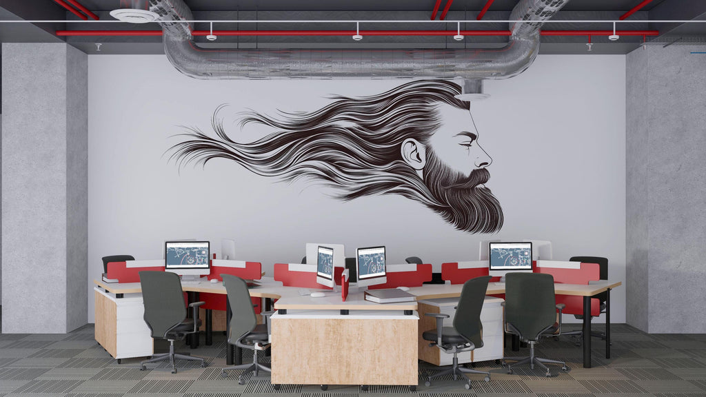 Bearded Man Wall Mural, Long Hair Barber Shop Wallpaper, Men’s Grooming Salon Decor, Hair Studio Wall Decal, 597mv
