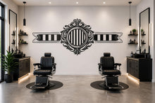 Load image into Gallery viewer, Barber Emblem Wall Mural, Vintage Barbershop Wallpaper, Black Ornate Salon Wall Decal, Men’s Grooming Office Decor, 602mv