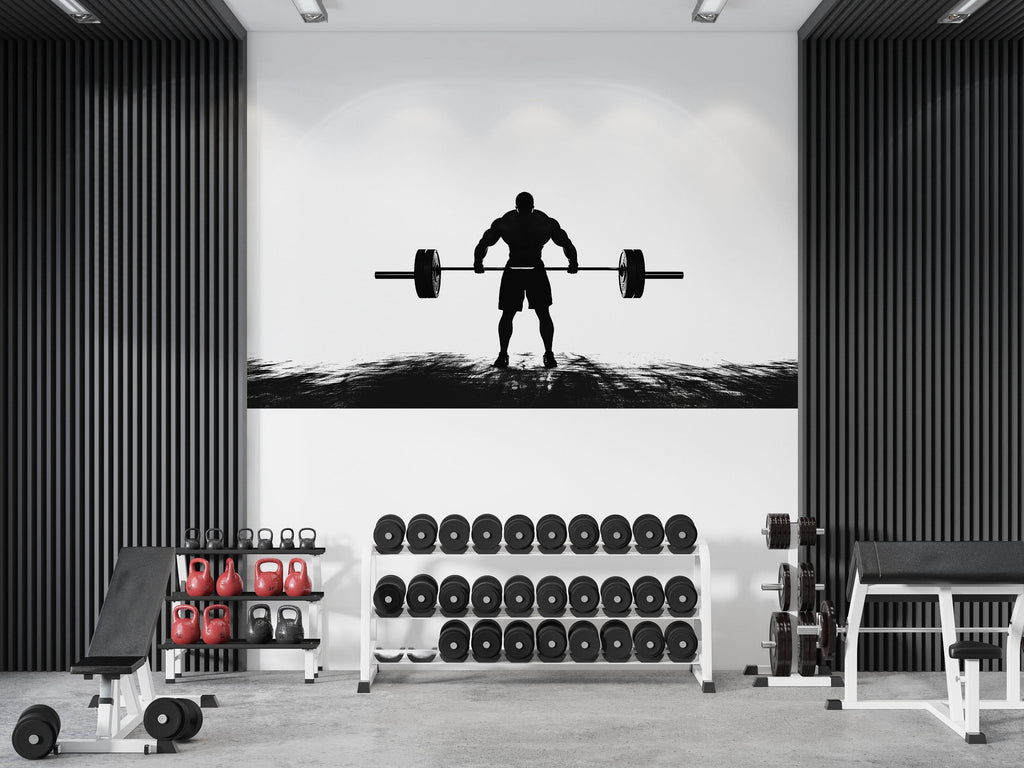 Weightlifter Wall Mural, Gym Wallpaper, Barbell Fitness Wall Decal, Home Gym Decor, Bodybuilding Workout Room Art, 606mv