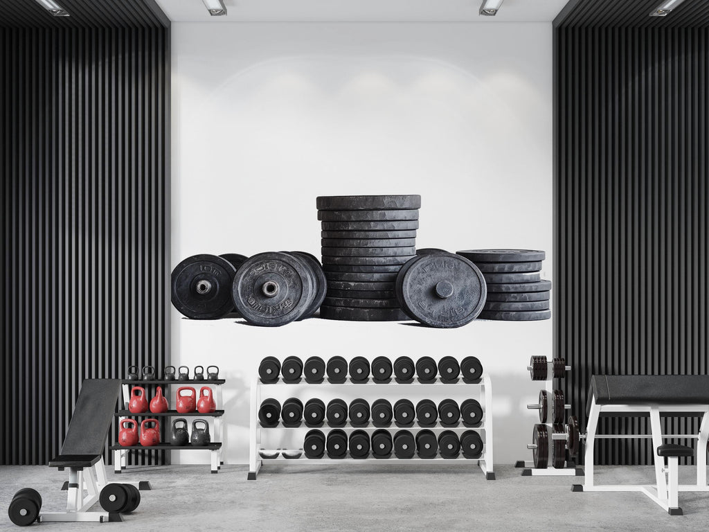 Weight Plates Wall Mural, Gym Wallpaper, Fitness Studio Wall Decal, Home Gym Decor, Weightlifting Workout Room Art, 608mv