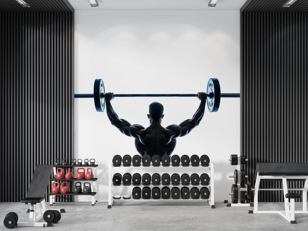 Bodybuilder Wall Mural, Gym Wallpaper, Barbell Weightlifting Wall Decal, Home Gym Decor, Fitness Studio Workout Art, 609mv