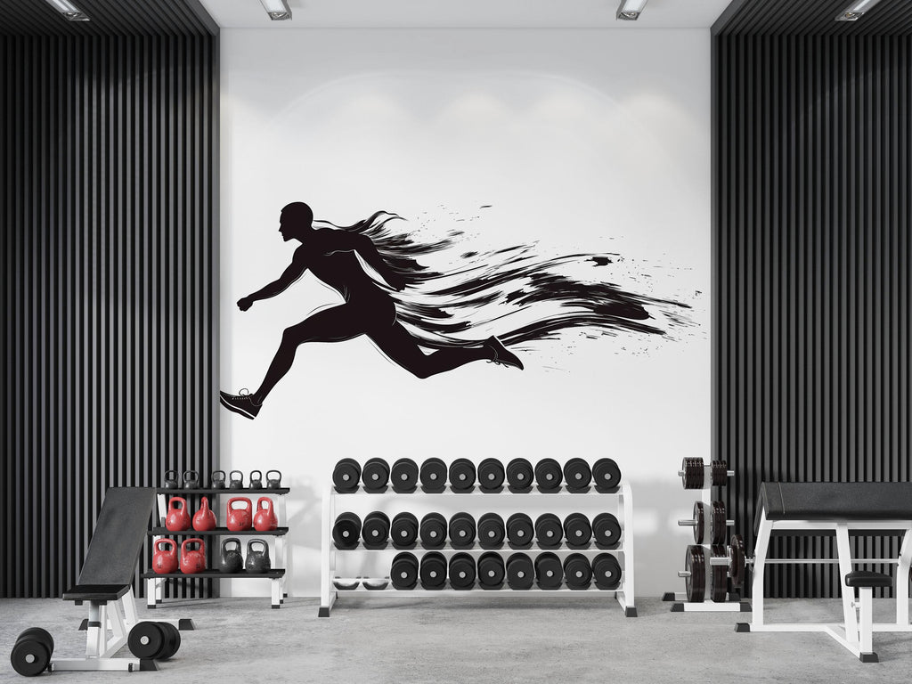 Male Runner Wall Mural, Gym Wallpaper, Black Running Silhouette Wall Decal, Fitness Studio Workout Room Decor, 611mv