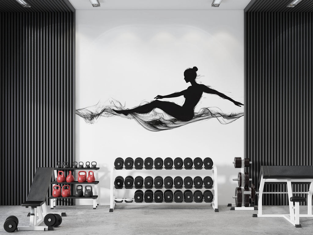 Yoga Dancer Wall Mural, Gym Wallpaper, Black Ballet Silhouette Wall Decal, Fitness Studio Workout Room Decor, 616mv