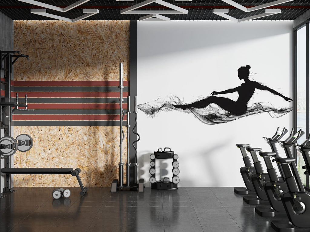 Yoga Dancer Wall Mural, Gym Wallpaper, Black Ballet Silhouette Wall Decal, Fitness Studio Workout Room Decor, 616mv