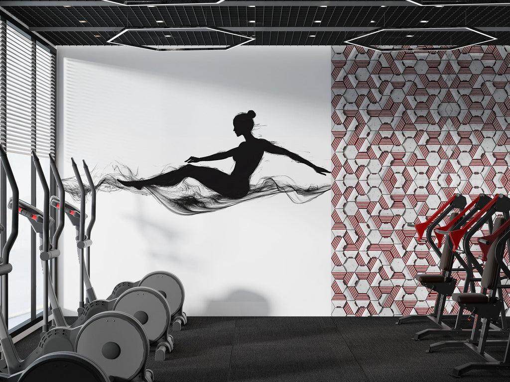 Yoga Dancer Wall Mural, Gym Wallpaper, Black Ballet Silhouette Wall Decal, Fitness Studio Workout Room Decor, 616mv