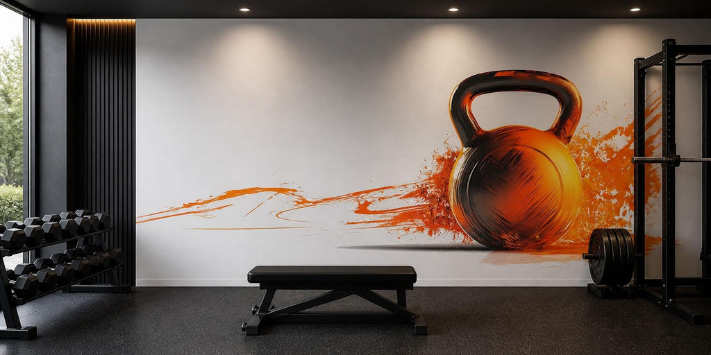 Kettlebell Wall Mural, Gym Wallpaper, Orange Fitness Wall Decal, Home Gym Decor, Workout Room Wall Art, 621mv