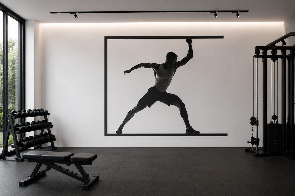 Framed Athlete Wall Mural, Gym Wallpaper, Black Fitness Silhouette Wall Decal, Home Gym Decor, Workout Room Art, 629mv