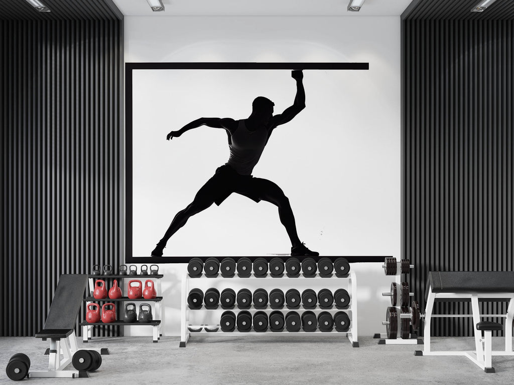 Framed Athlete Wall Mural, Gym Wallpaper, Black Fitness Silhouette Wall Decal, Home Gym Decor, Workout Room Art, 629mv
