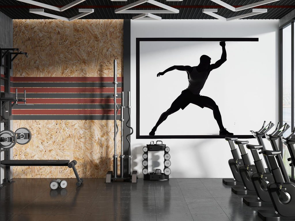 Framed Athlete Wall Mural, Gym Wallpaper, Black Fitness Silhouette Wall Decal, Home Gym Decor, Workout Room Art, 629mv