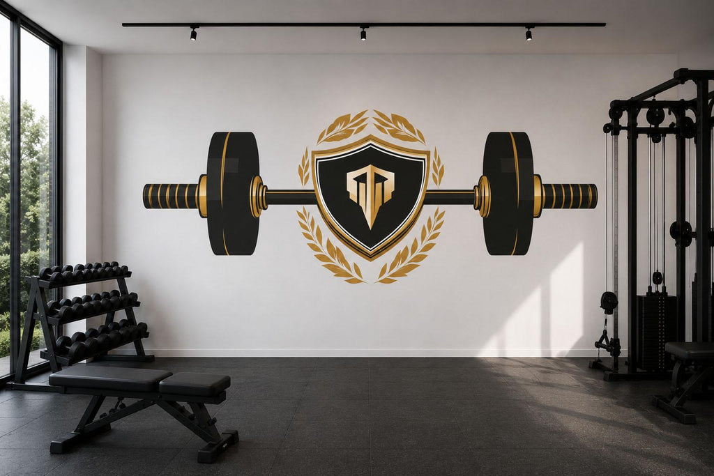 Barbell Crest Wall Mural, Gym Wallpaper, Black Gold Weightlifting Wall Decal, Home Gym Decor, Fitness Studio Art, 630mv