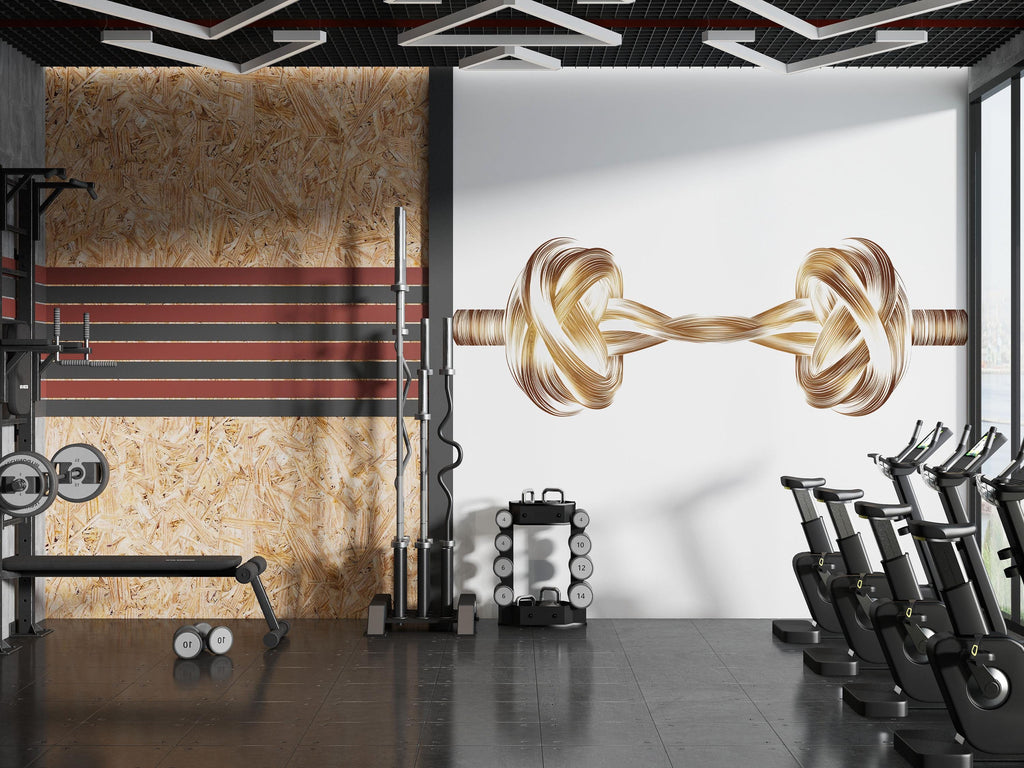 Gold Rope Barbell Wall Mural, Gym Wallpaper, Strength Fitness Wall Decal, Home Gym Decor, Workout Room Wall Art, 631mv