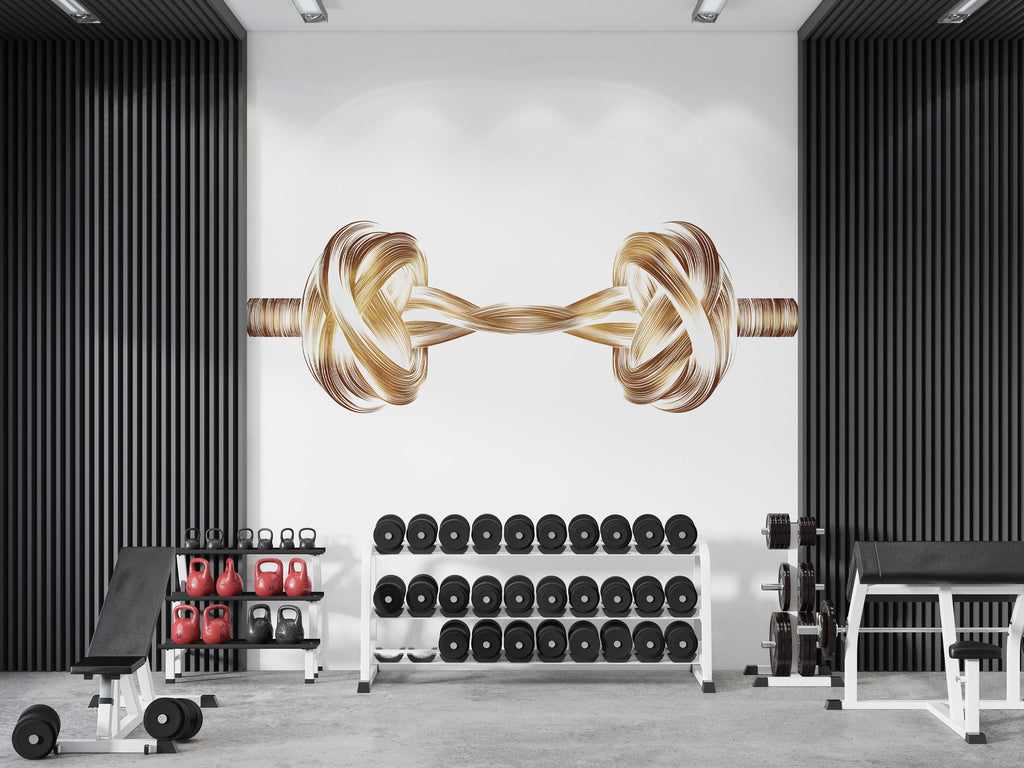 Gold Rope Barbell Wall Mural, Gym Wallpaper, Strength Fitness Wall Decal, Home Gym Decor, Workout Room Wall Art, 631mv