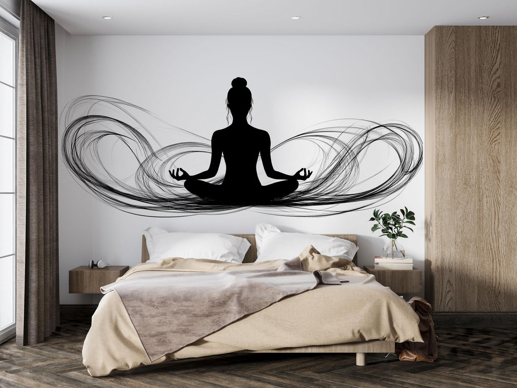 Yoga Meditation Wall Mural, Black Zen Silhouette Wallpaper, Wellness Studio Wall Decal, Spa Room Decor, Yoga Art, 636mv
