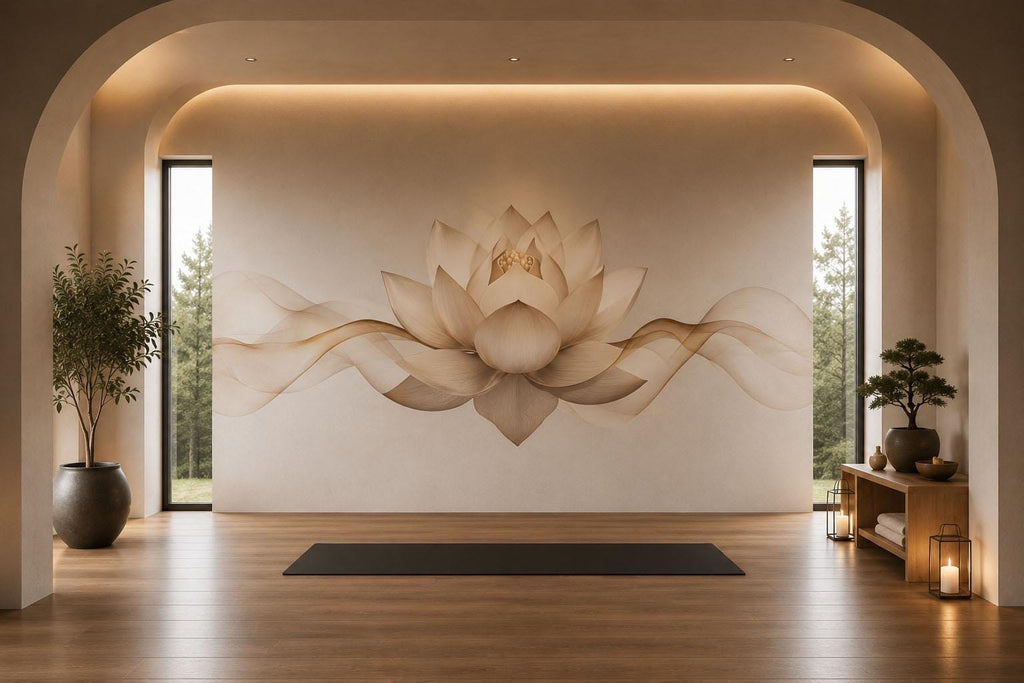Lotus Flower Wall Mural, Beige Yoga Wallpaper, Zen Wellness Studio Decor, Spa Room Wall Decal, Meditation Art, 637mv