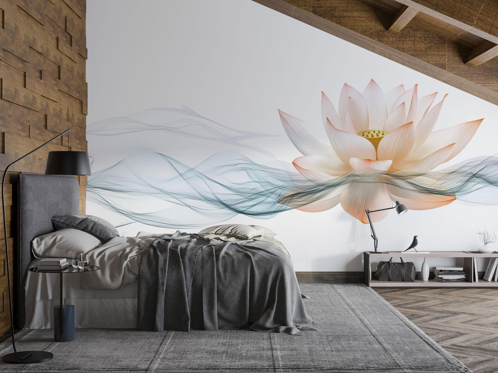 Lotus Flower Wall Mural, Blue Smoke Yoga Wallpaper, Zen Wellness Studio Decor, Spa Room Wall Decal, Meditation Art, 638mv