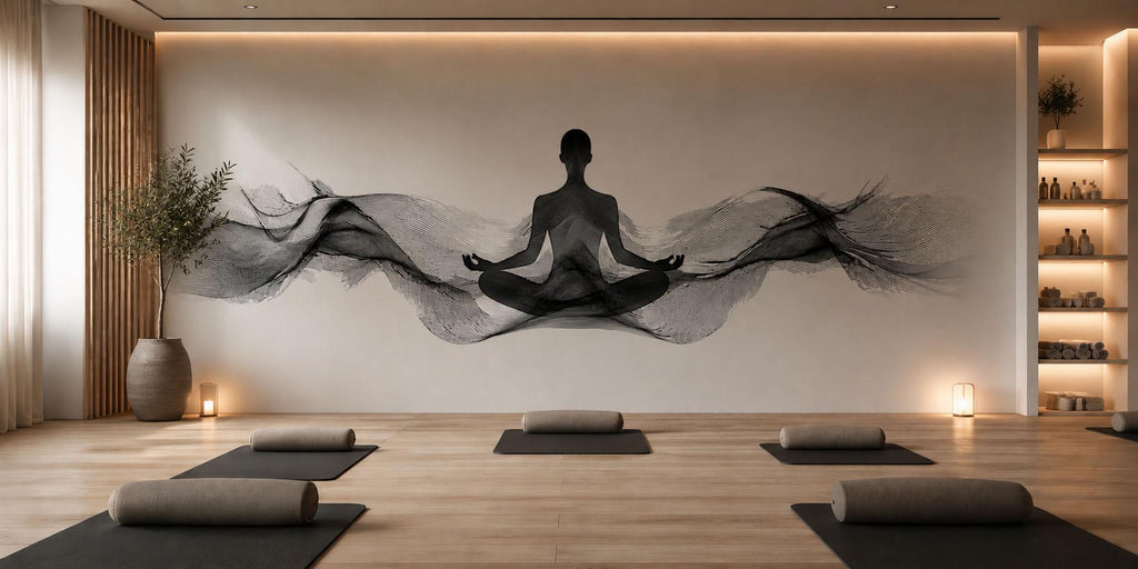 Yoga Meditation Wall Mural, Black Zen Silhouette Wallpaper, Wellness Studio Wall Decal, Spa Room Decor, Pilates Wall Art, 641mv