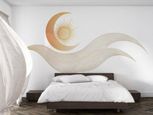 Load image into Gallery viewer, Sun Moon Wall Mural, Gold Wave Yoga Wallpaper, Zen Wellness Studio Decor, Spa Room Wall Decal, Meditation Wall Art, 642mv