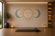 Load image into Gallery viewer, Celestial Sun Moon Wall Mural, Gold Yoga Studio Wallpaper, Boho Wellness Wall Decal, Spa Room Decor, Meditation Art, 643mv
