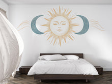 Load image into Gallery viewer, Celestial Sun Moon Wall Mural, Gold Yoga Studio Wallpaper, Boho Wellness Wall Decal, Spa Room Decor, Meditation Art, 643mv