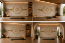 Load image into Gallery viewer, Gold Sun Moon Wall Mural, Celestial Yoga Studio Wallpaper, Boho Wellness Wall Decal, Spa Room Decor, Meditation Art, 644mv