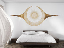 Load image into Gallery viewer, Gold Sun Moon Wall Mural, Celestial Yoga Studio Wallpaper, Boho Wellness Wall Decal, Spa Room Decor, Meditation Art, 644mv
