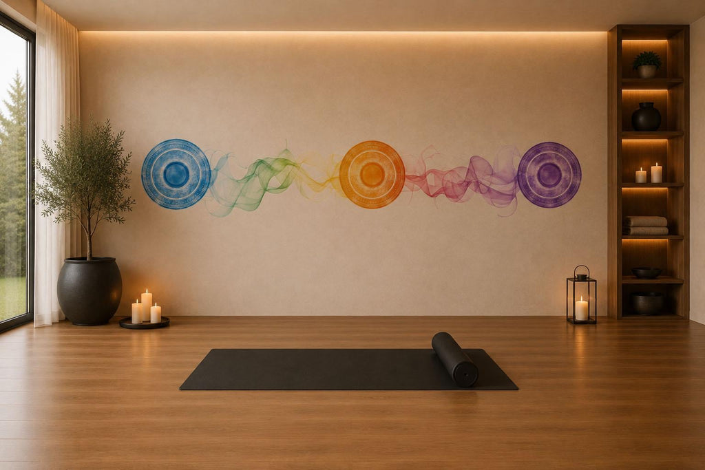 Chakra Wall Mural, Rainbow Smoke Yoga Wallpaper, Mandala Wellness Studio Wall Decal, Spa Room Decor, Meditation Art, 647mv