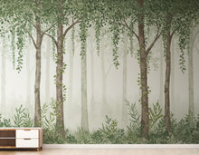 Load image into Gallery viewer, Hanging leaf Watercolor Forest Wallpaper Mural, Misty Wall Mural, Green Tree Peel and Stick Wallpaper, Nature Nursery Wallpaper Decor 1127RS