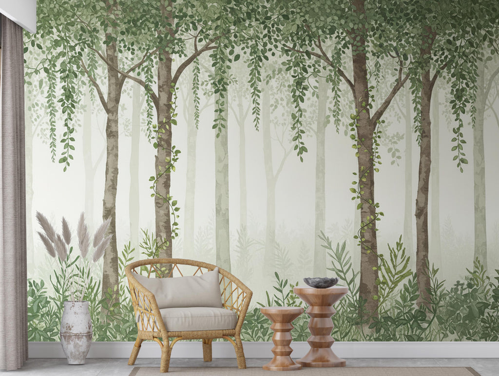 Hanging leaf Watercolor Forest Wallpaper Mural, Misty Wall Mural, Green Tree Peel and Stick Wallpaper, Nature Nursery Wallpaper Decor 1127RS