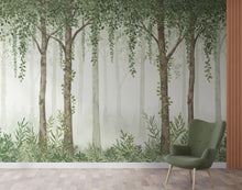Load image into Gallery viewer, Hanging leaf Watercolor Forest Wallpaper Mural, Misty Wall Mural, Green Tree Peel and Stick Wallpaper, Nature Nursery Wallpaper Decor 1127RS