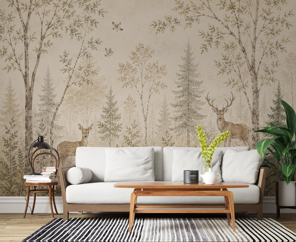Vintage Woodland Nursery Wallpaper, Neutral Forest Animals Wall Art, Deer Baby Room Decor, Peel and Stick Wallpaper, Beige Nature Wall 838LU