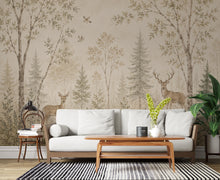 Load image into Gallery viewer, Vintage Woodland Nursery Wallpaper, Neutral Forest Animals Wall Art, Deer Baby Room Decor, Peel and Stick Wallpaper, Beige Nature Wall 838LU