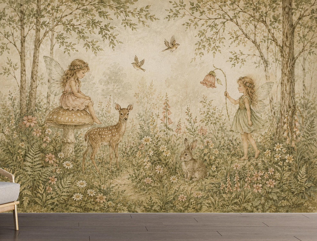 Fairy Woodland Nursery Wallpaper Mural, Vintage Storybook Wall Art, Neutral Floral Forest & Deer, Girls Room Peel and Stick Wallpaper 839LU