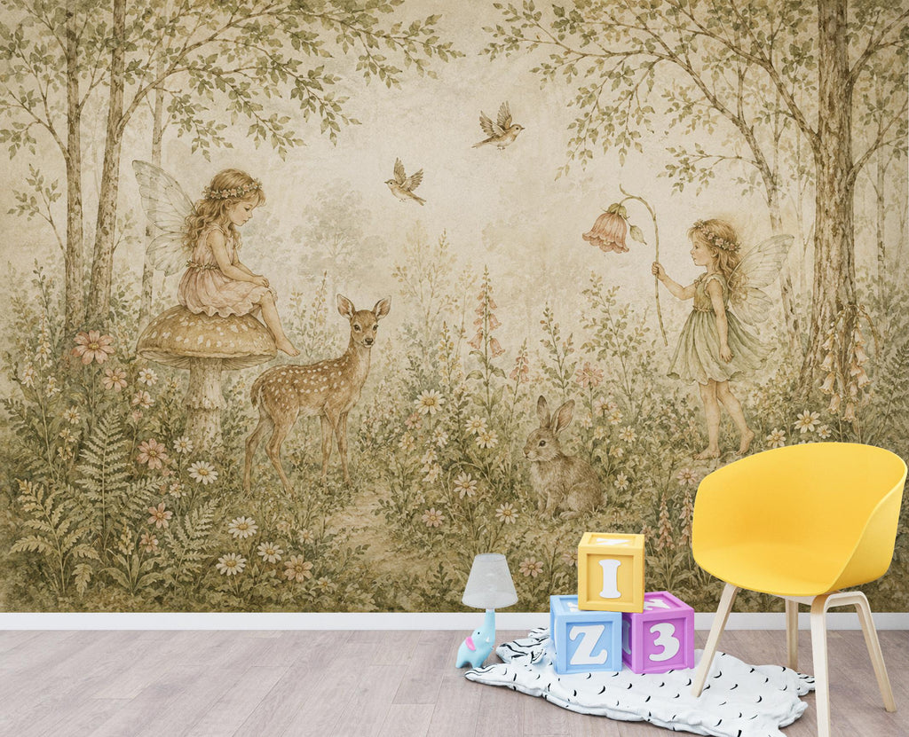 Fairy Woodland Nursery Wallpaper Mural, Vintage Storybook Wall Art, Neutral Floral Forest & Deer, Girls Room Peel and Stick Wallpaper 839LU