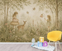 Load image into Gallery viewer, Fairy Woodland Nursery Wallpaper Mural, Vintage Storybook Wall Art, Neutral Floral Forest &amp; Deer, Girls Room Peel and Stick Wallpaper 839LU