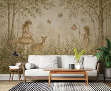 Load image into Gallery viewer, Fairy Woodland Nursery Wallpaper Mural, Vintage Storybook Wall Art, Neutral Floral Forest &amp; Deer, Girls Room Peel and Stick Wallpaper 839LU