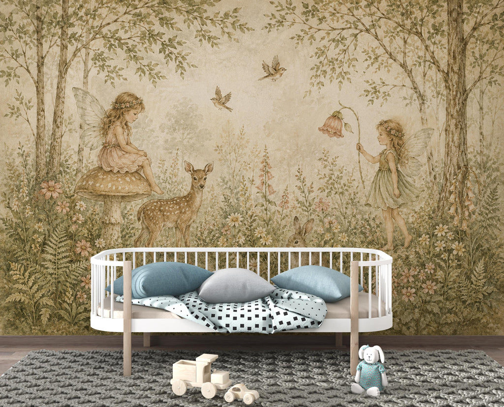 Fairy Woodland Nursery Wallpaper Mural, Vintage Storybook Wall Art, Neutral Floral Forest & Deer, Girls Room Peel and Stick Wallpaper 839LU